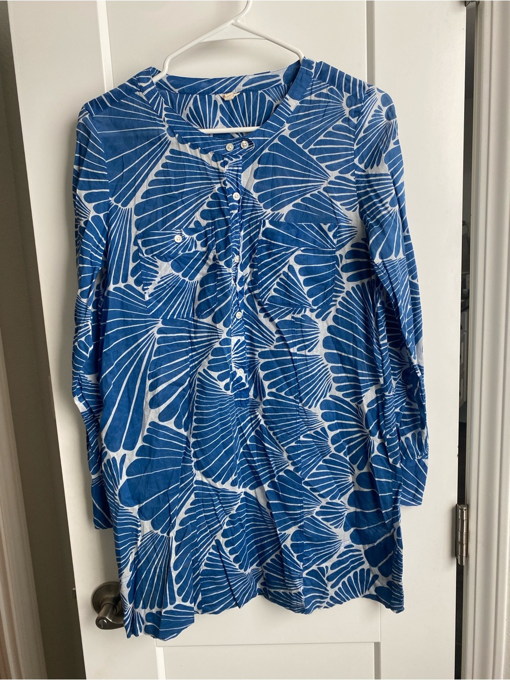 J. Crew Blue and White Shell-Print Button Front Top